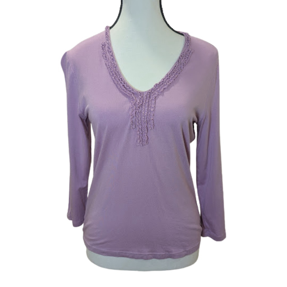 Ann Taylor Lavender Ruffle Trim V-Neck Top S Romantic Feminine Blouse